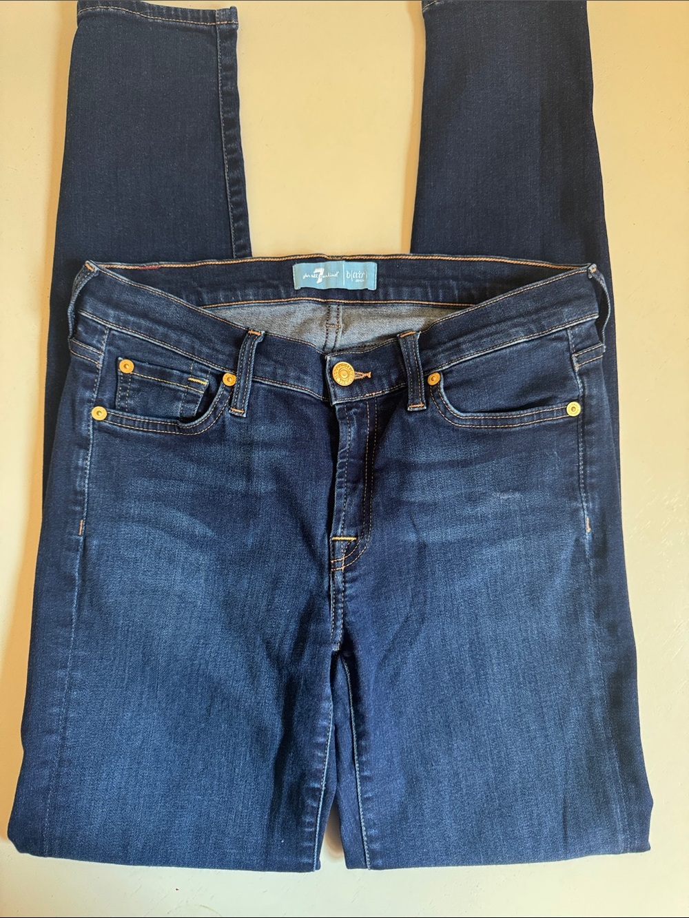 7 For All Mankind b(air) Dark Blue Skinny Jeans with Gold Hardware